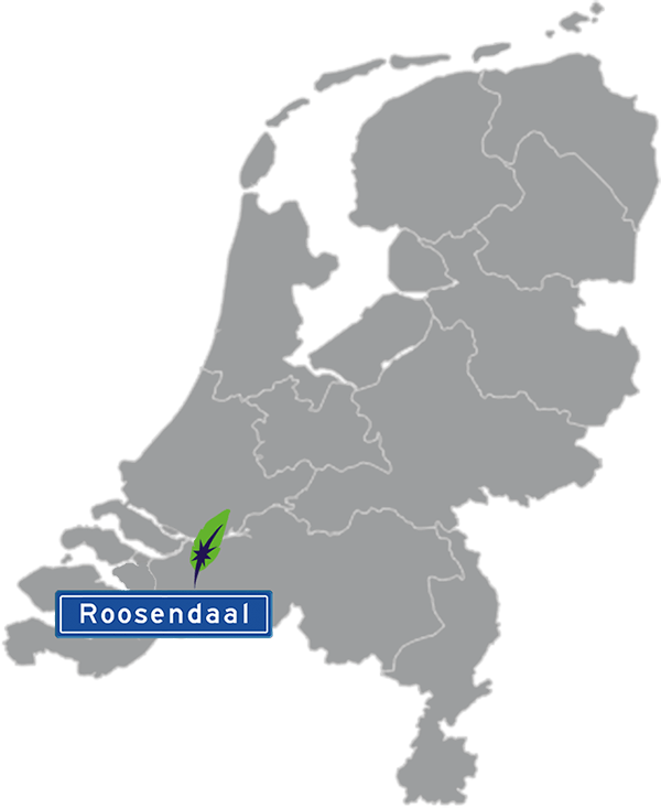 Grijze kaart van Nederland met Roosendaal aangegeven voor maatwerk taalcursus Duits zakelijk - blauw plaatsnaambord met witte letters en Dagnall veer - transparante achtergrond - 600 * 733 pixels